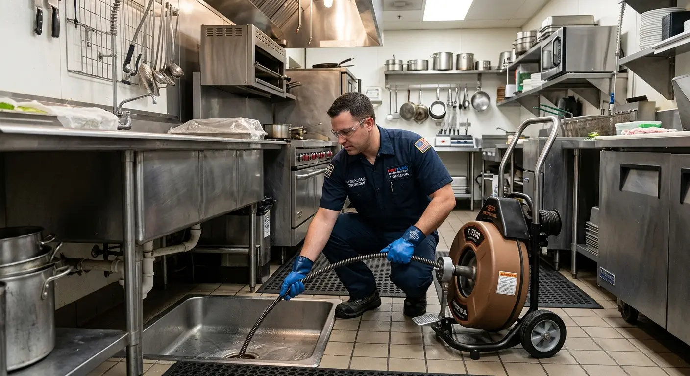 Commercial drain cleaning service in a restaurant kitchen in Redding