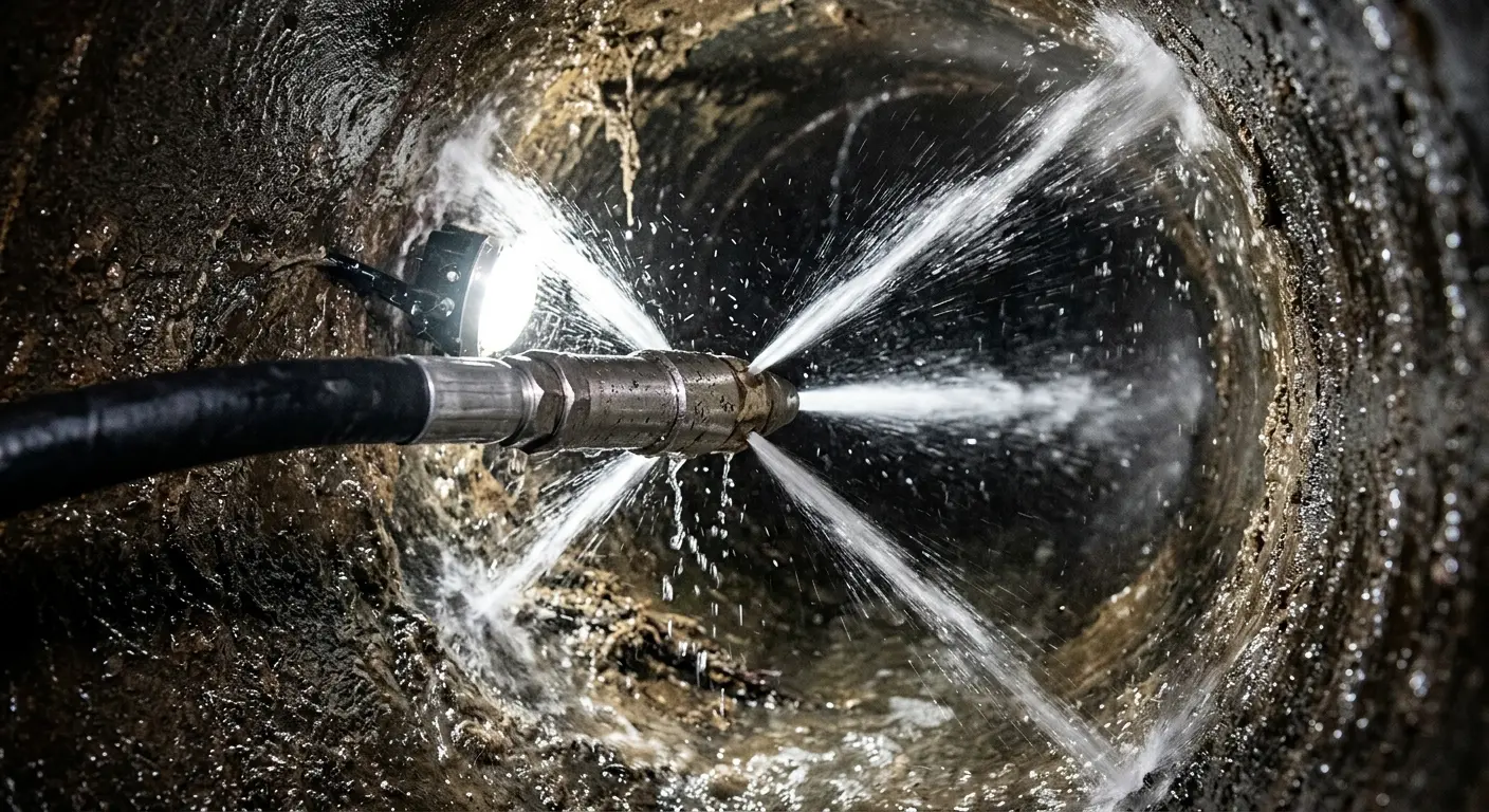 High-pressure hydro jetting nozzle cleaning sewer pipe for Sewer Cleanout in Redding
