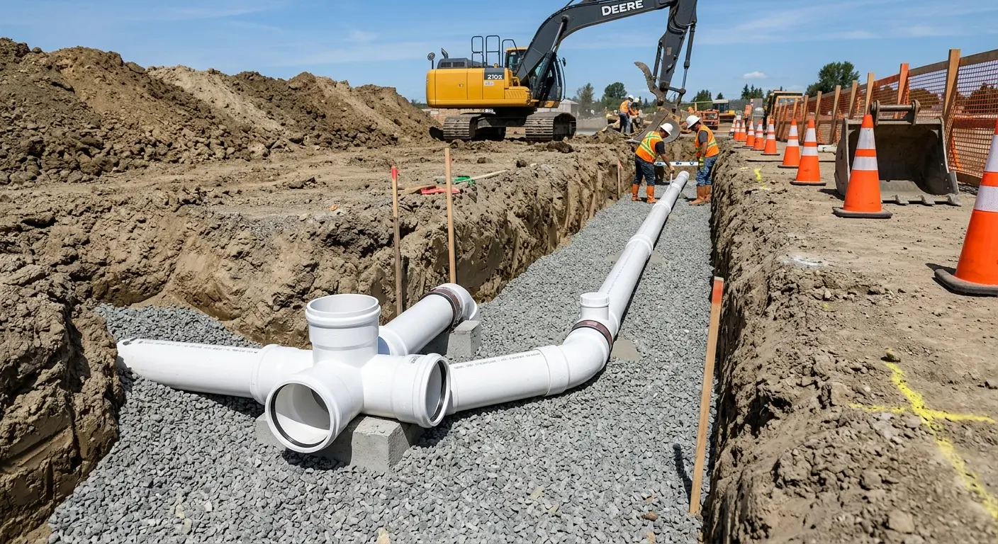 New PVC sewer pipe installation in open trench for Sewer Backup in Redding