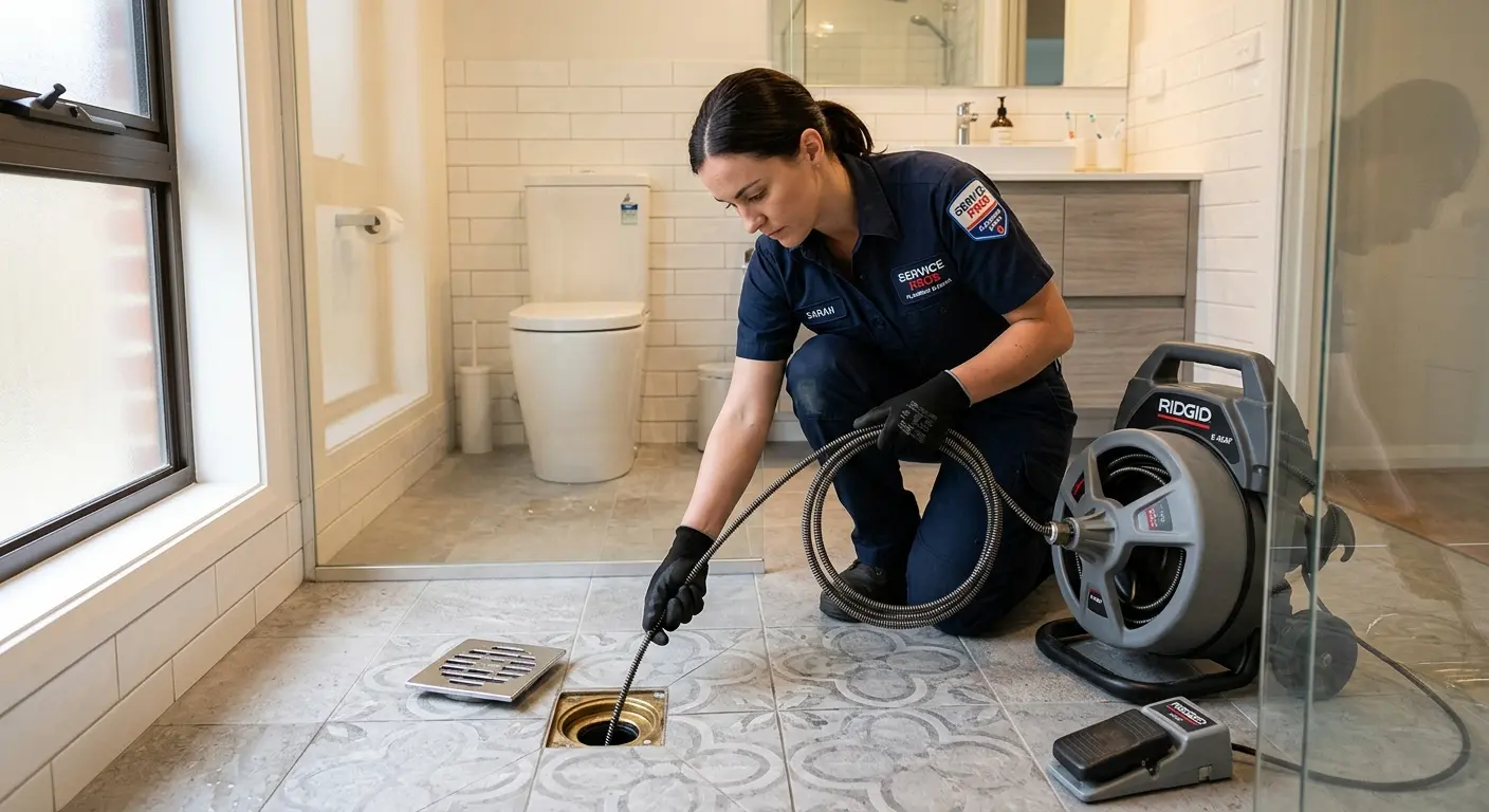 Technician clearing a bathroom floor drain for Hydro Jetting in Redding